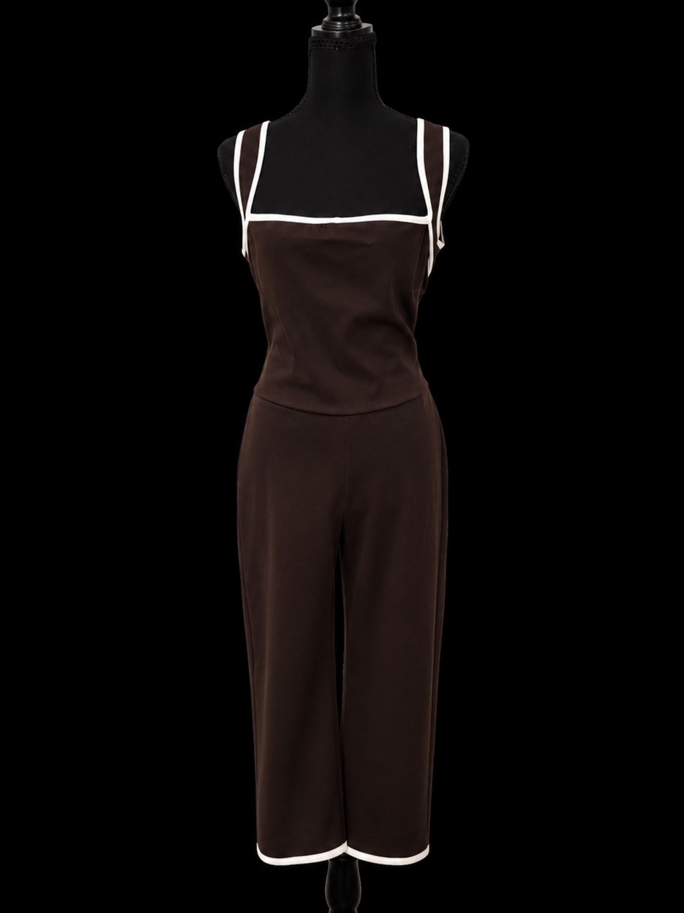 Brown Square-Neck Jumpsuit with White Trim